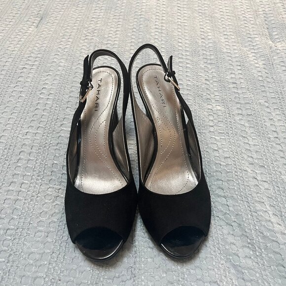 Tahari Black Peep Toe Slingback Pumps Heels Size 7.5 M - Picture 1 of 9